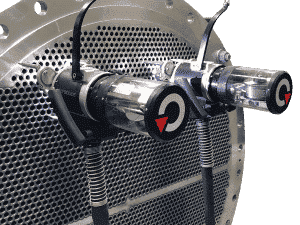 two tube-to-tubesheet orbital TS 8-75 welding heads with integrated wire feeder production of stainless steel heat exchanger Polysoude